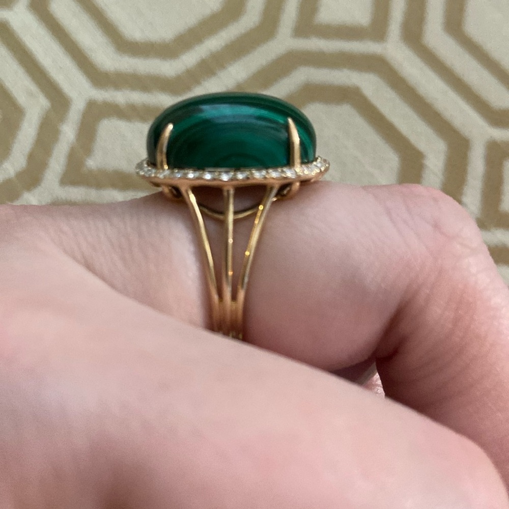 1980s Malachite 14kt Gold Ring With .50ct Diamonds, Approximate Size 7.5 - 8.5 - Picture 3 of 15
